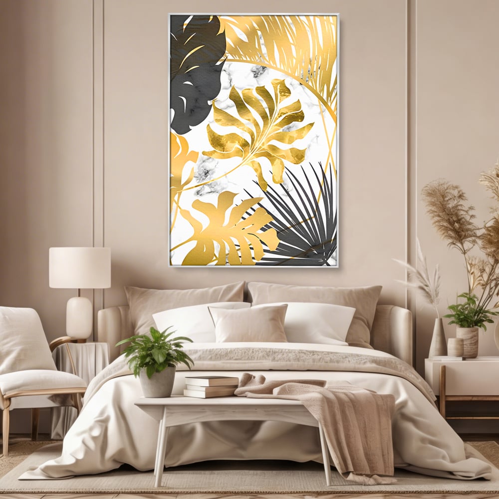 Tablou canvas cu tablou canvas cu frunze tropicale, in rama de aluminiu argintiu, pe perete intr-un dormitor